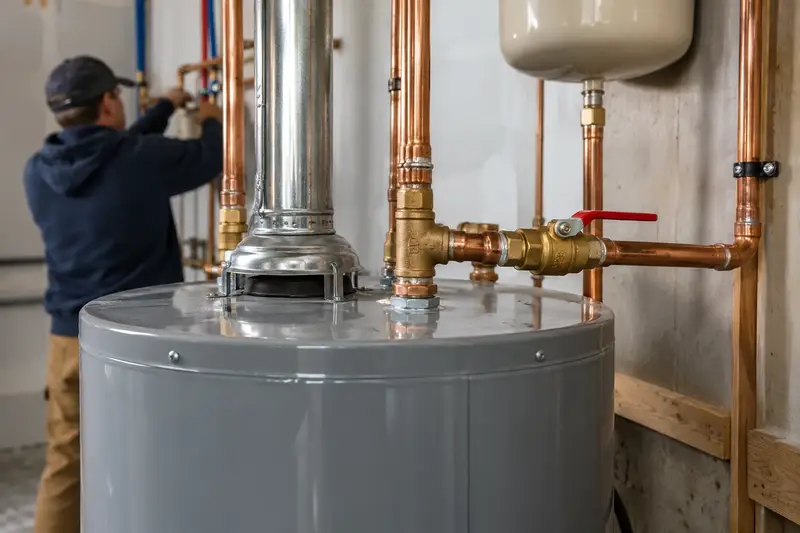 Illustrative image: a new residential water heater being installed