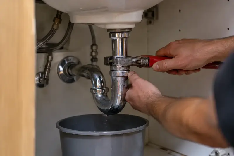 Illustrative image: hands tightening a fitting on an exposed pipe under a sink