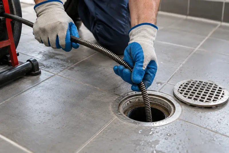 Illustrative image: a plumber's gloved hands feeding a drain snake into a clean floor drain